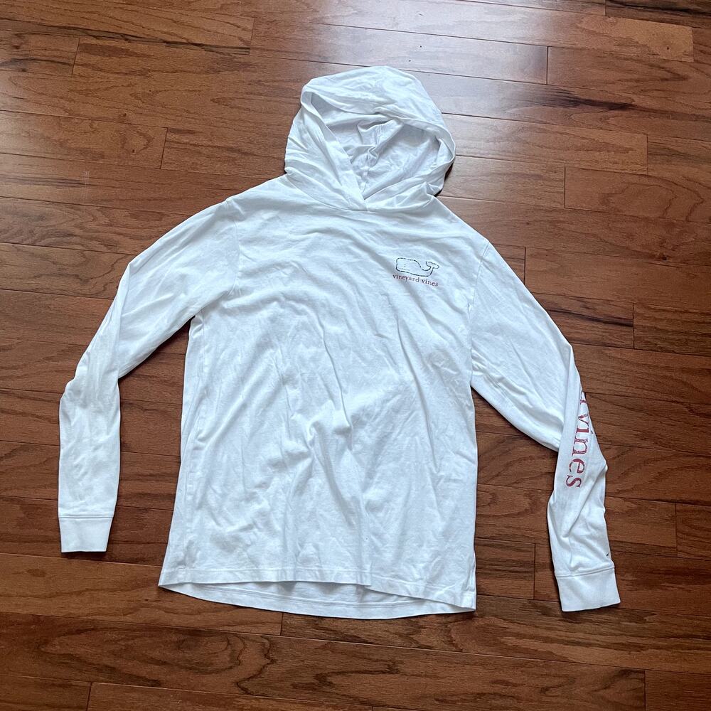Vineyard Vines White Red and Blue Logo Hooded Long Sleeve T Shirt Size Small